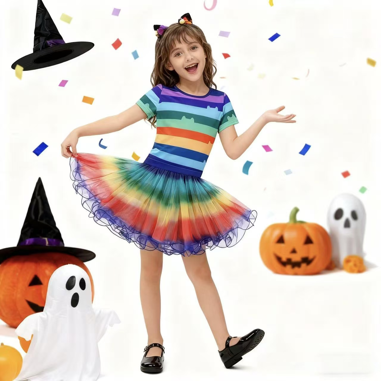 Summer Clothing For Kids Girls - Mädchen Regenbogen Gestreiftes T-Shirt Tutu-Rock mit