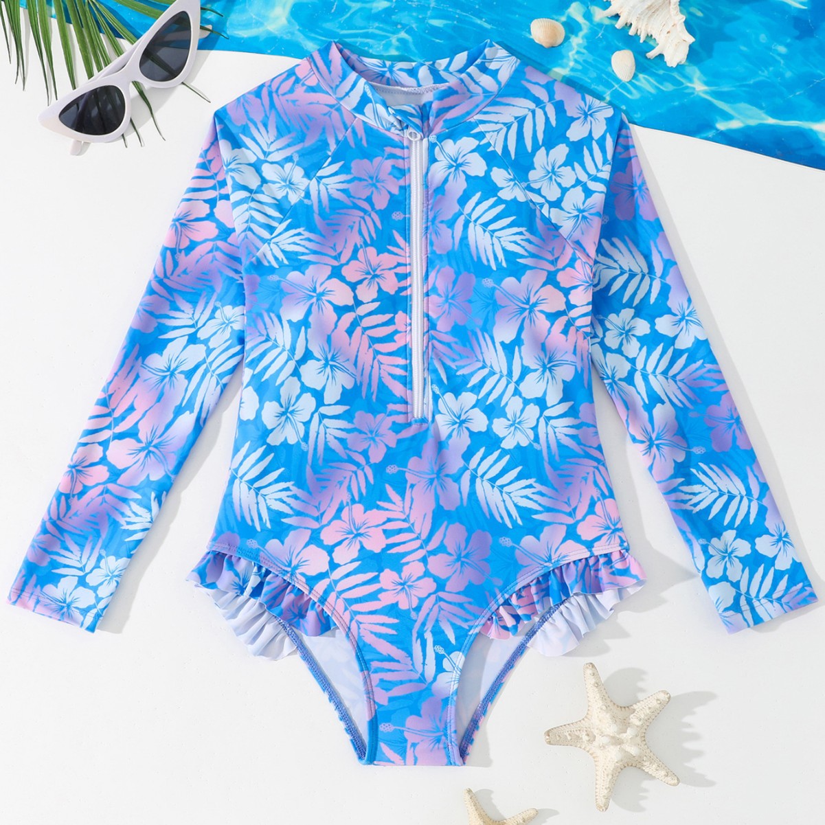 Rash Guard Long Sleeve - Mädchen Badeanzug mit Farbverlauf und Hibiskus-Print,