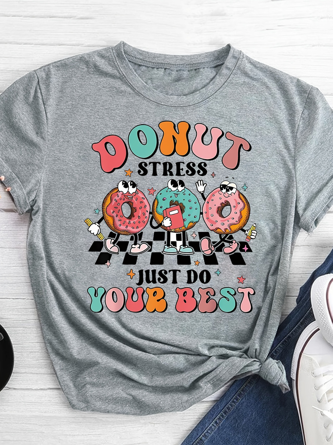 Summer Clothing Trends 2026 - T-Shirt mit Cartoon-Donut-Print, kurzärmeliges, lässiges Oberteil