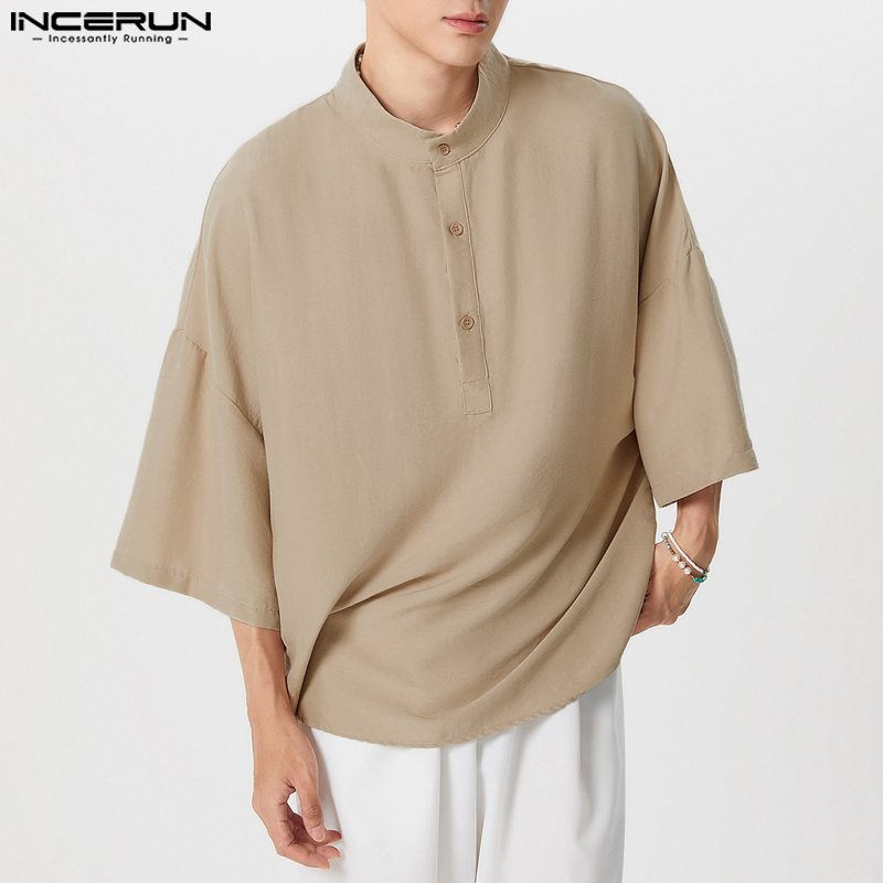 Summer Clothing Colors 2026 - INCERUN Herrenhemd Einfarbig Stehkragen Kurzarm Lose